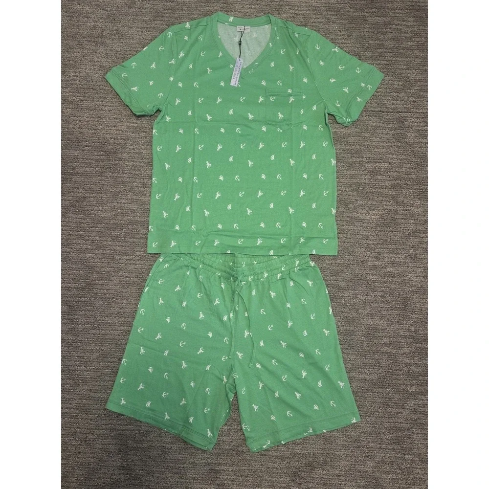 Cosabella Mens Road Trip Lounge Set Green Nautical Anchor Lobster Print Large